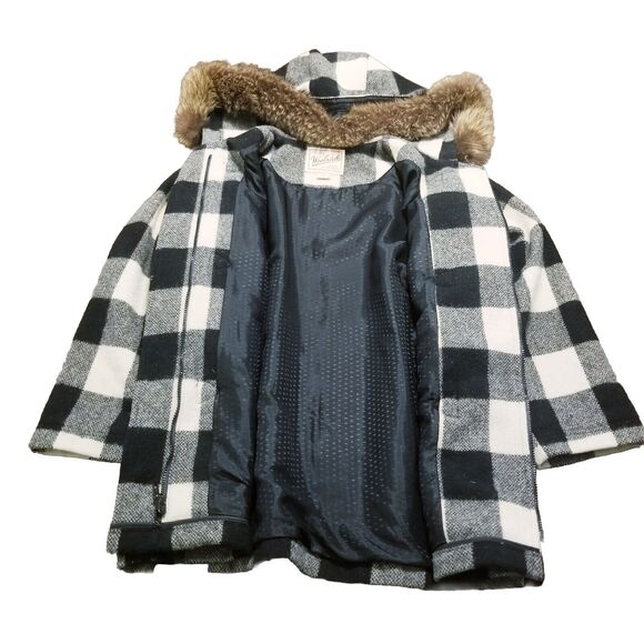 Woolrich Vintage Coat Women M Buffalo Check Black Cream Wool Fur Trim Hooded USA - Picture 2 of 5